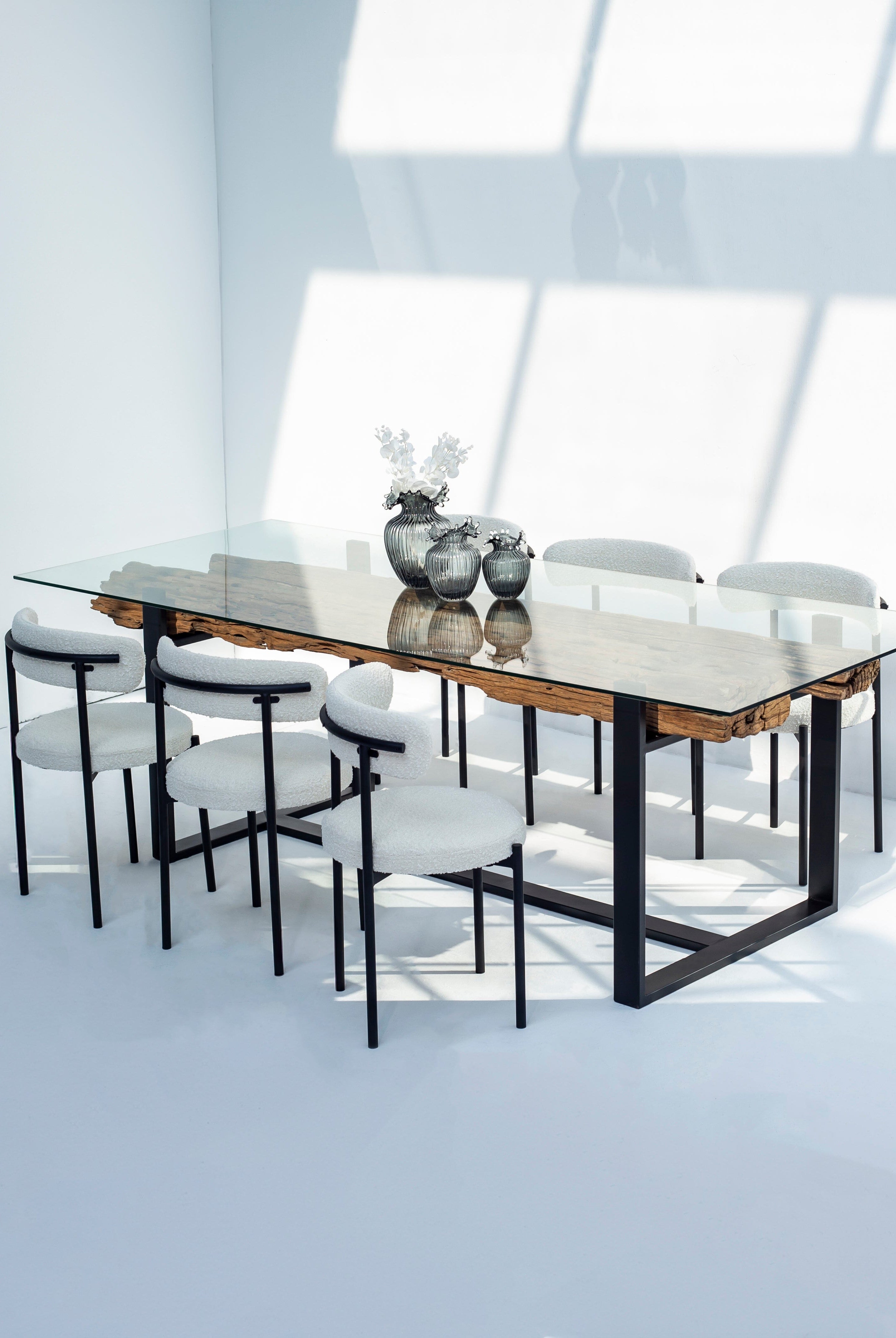 RailWay Wood with Glass Top Dining Table (4 Sizes)