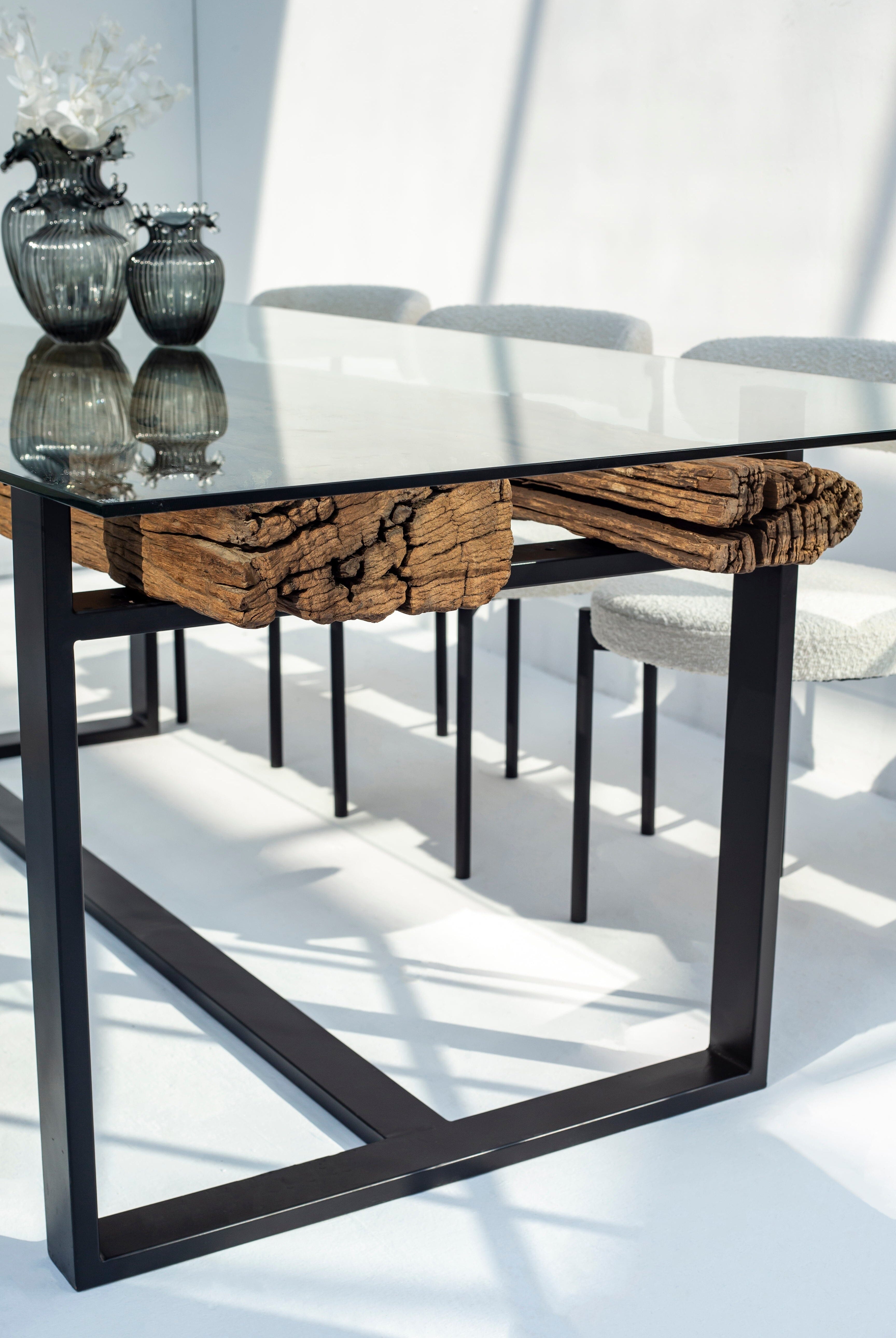 RailWay Wood with Glass Top Dining Table (4 Sizes)