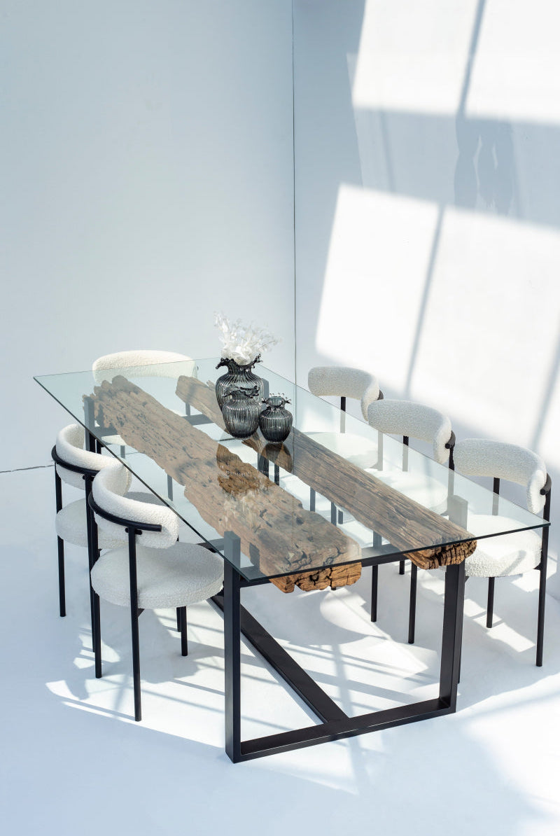 RailWay Wood with Glass Top Dining Table (4 Sizes)