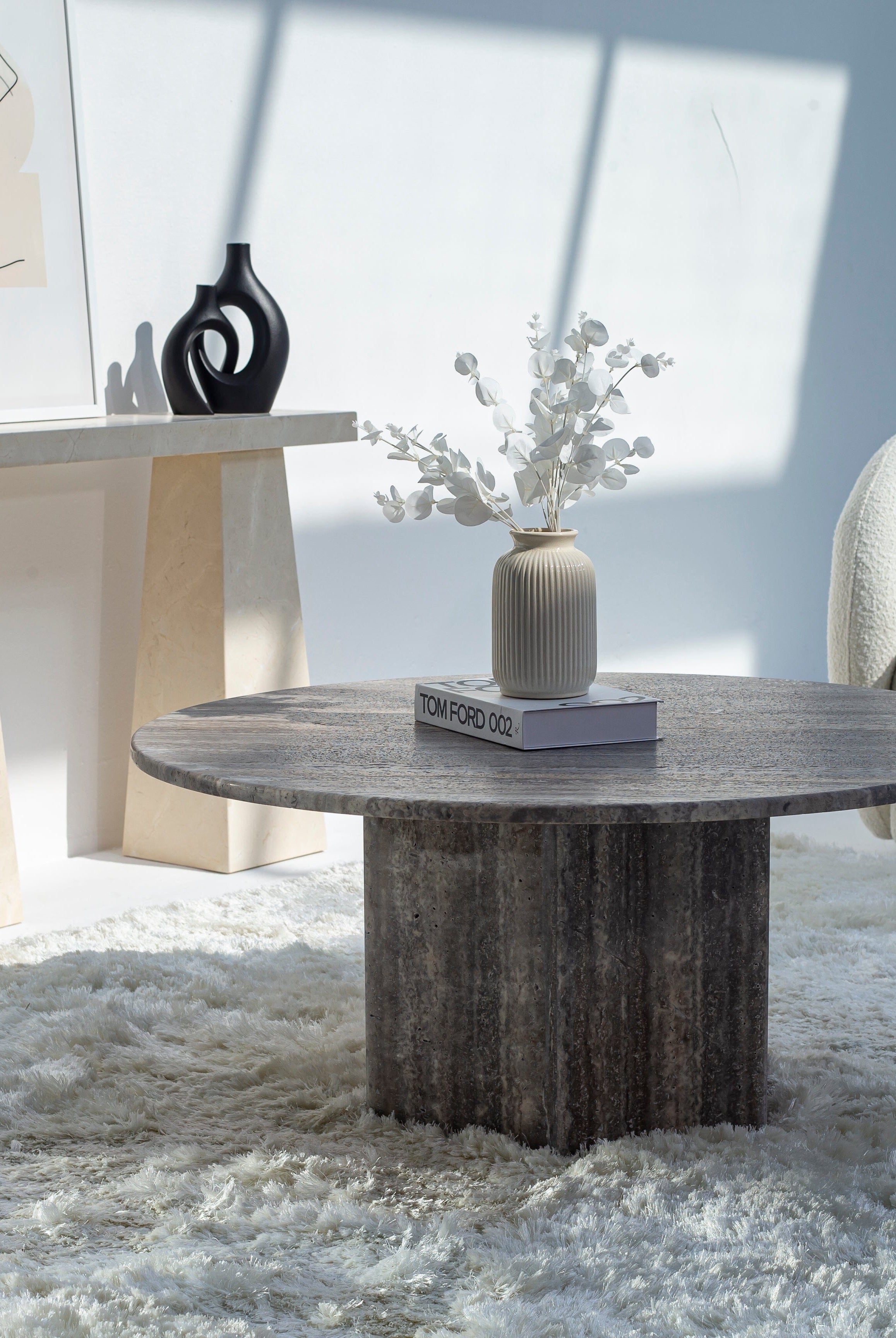 Peyton Grey Travertine Round Coffee Table (3 Sizes) Coffee Tables Homekode