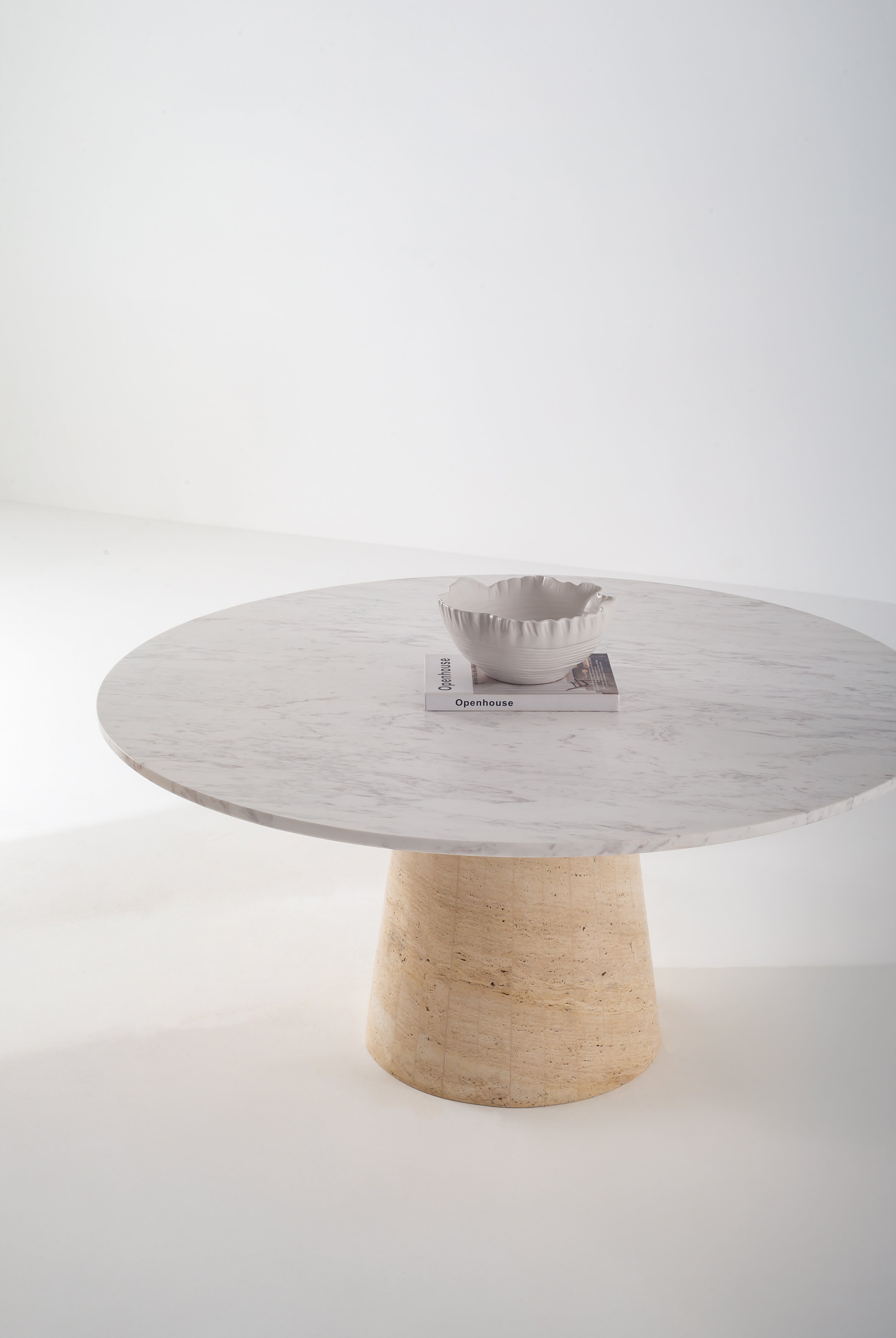 Belova Bianco Marble Dining Table with Travertine Base
