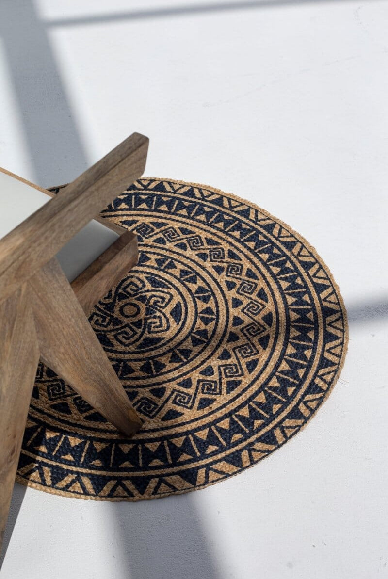 Mystic Mandala - Natural Black Braided Jute Round Rug (90 CM)