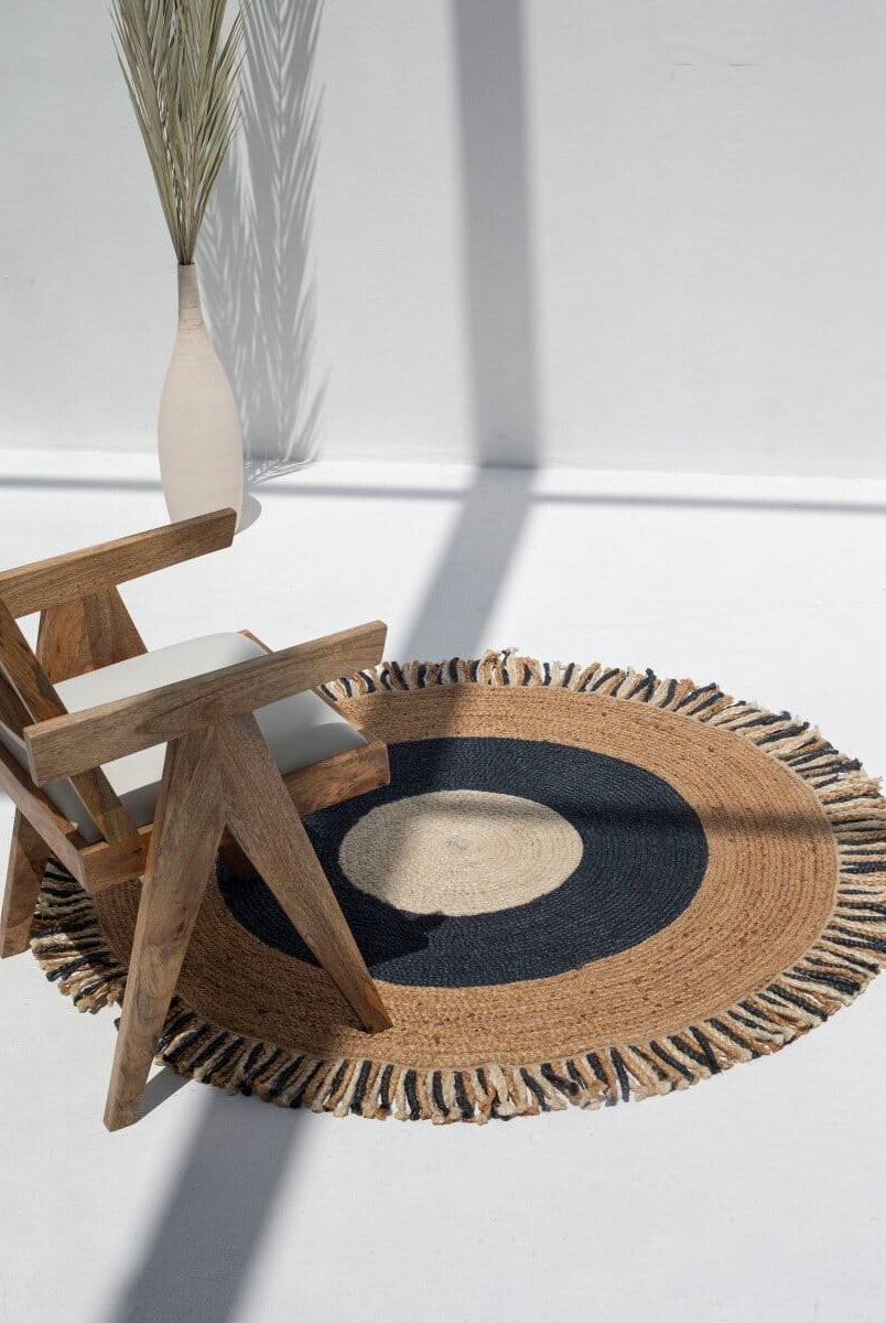 Boho Tassel - Jute Natural & Navy Round Rug (3 Sizes)