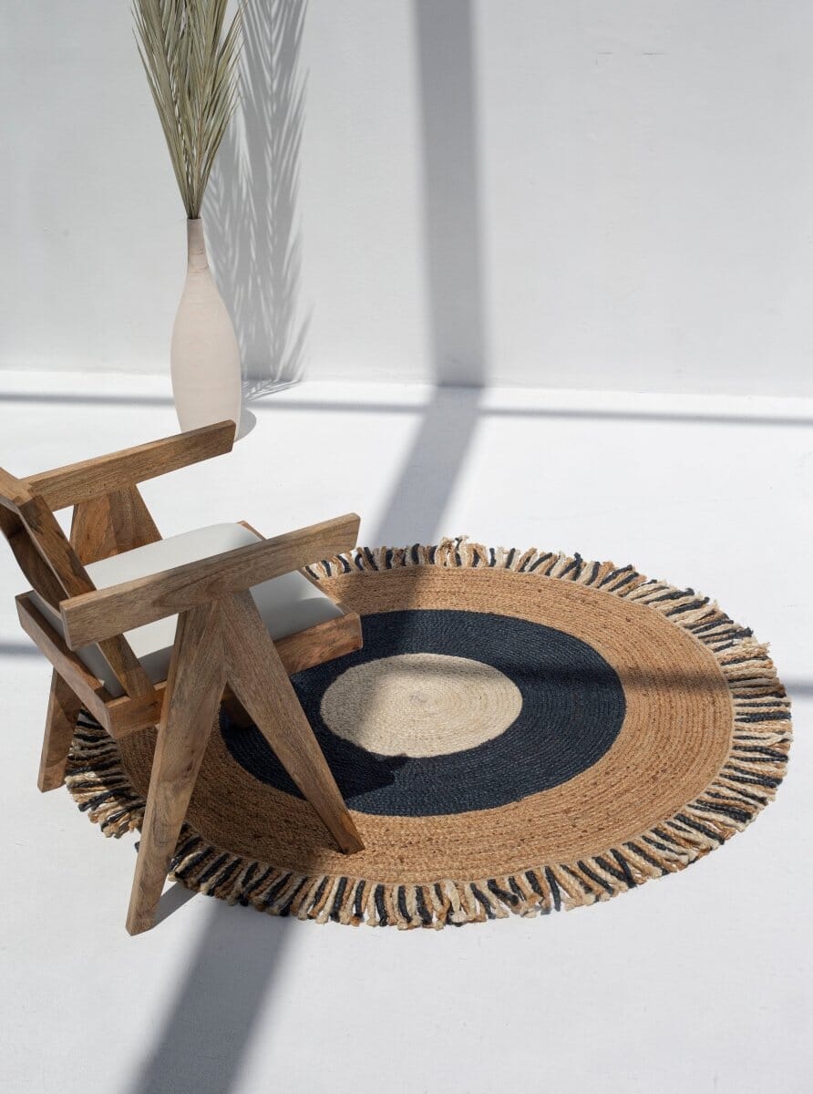 Boho Tassel - Jute Natural & Navy Round Rug (3 Sizes)