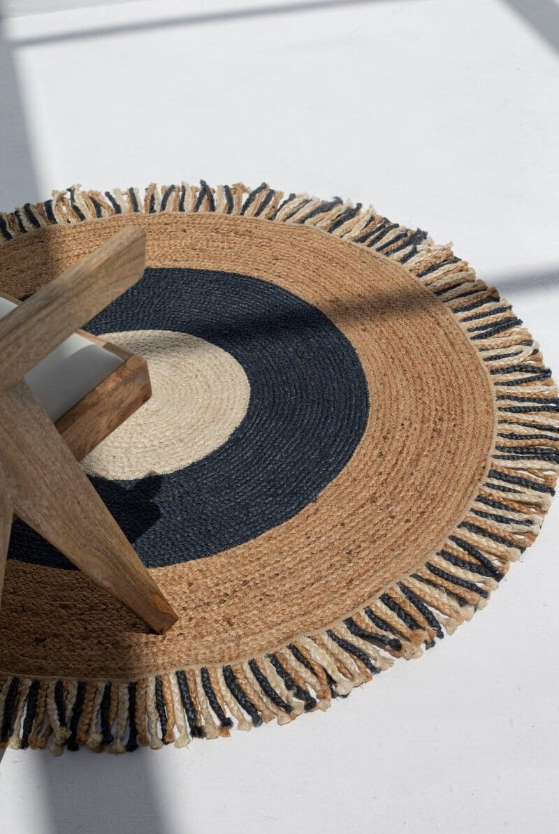 Boho Tassel - Jute Natural & Navy Round Rug (3 Sizes) Braided -- Braided Rug
