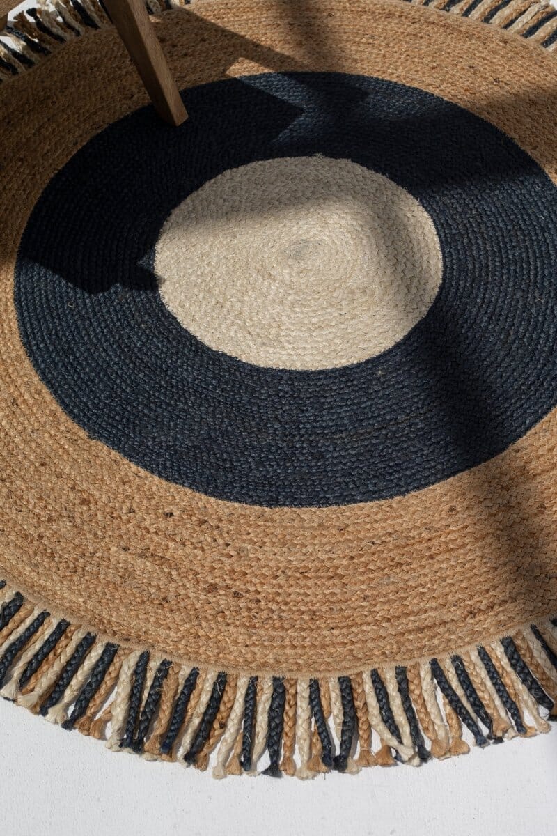 Boho Tassel - Jute Natural & Navy Round Rug (3 Sizes) Braided -- Braided Rug