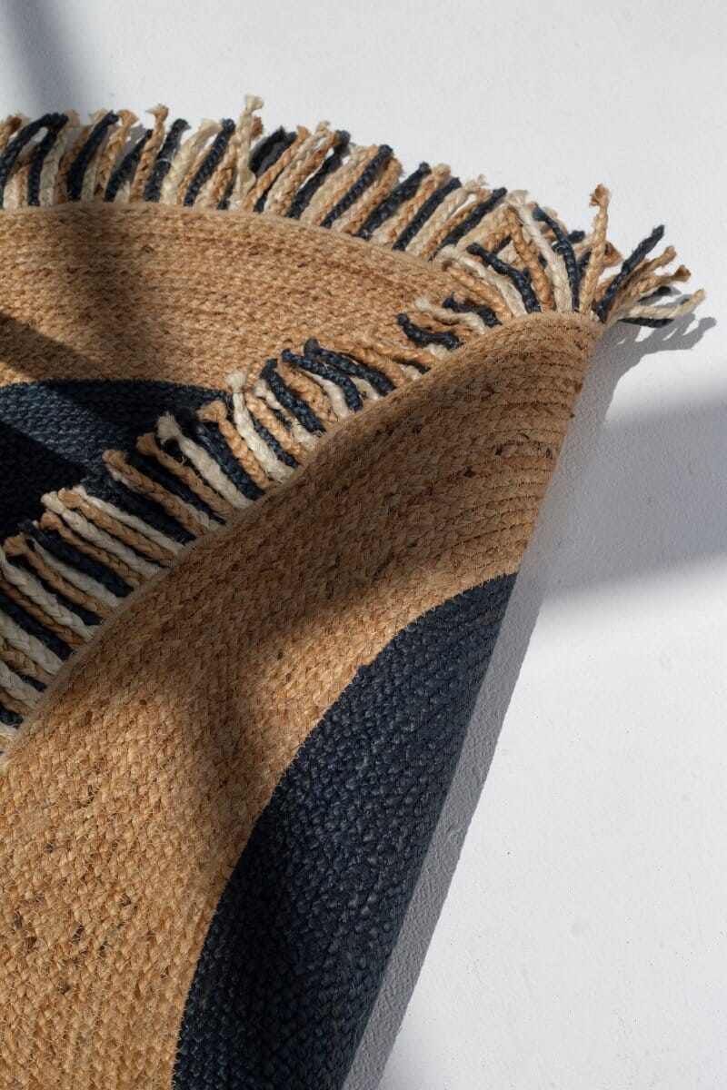 Boho Tassel - Jute Natural & Navy Round Rug (3 Sizes) Braided -- Braided Rug