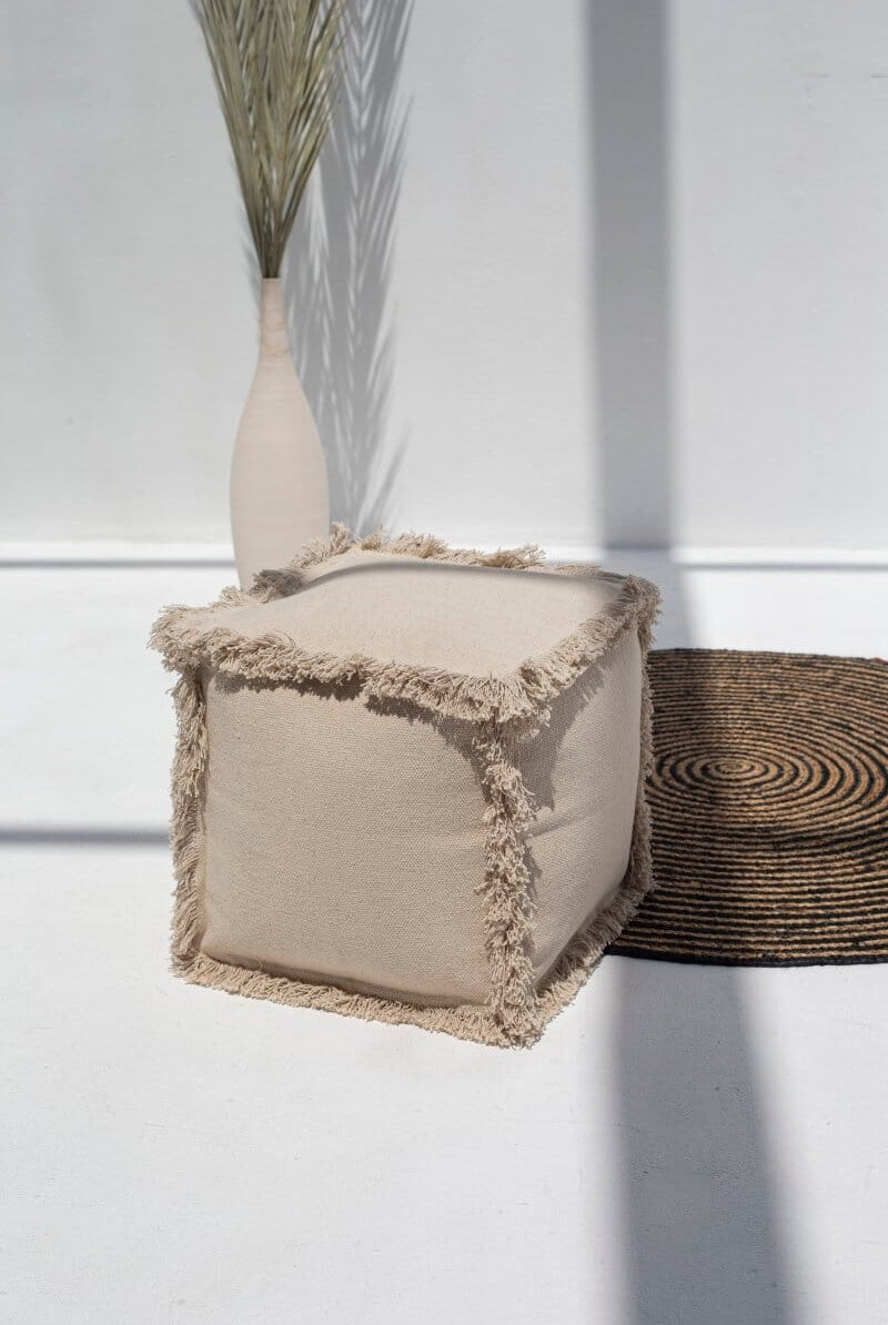 Cream Fringes Cotton Pouf (40x40x40 CM)