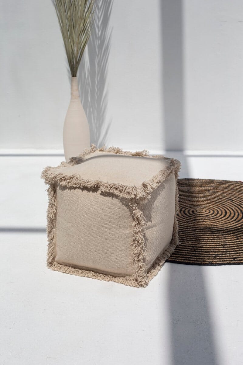 Cream Fringes Cotton Pouf (40x40x40 CM)