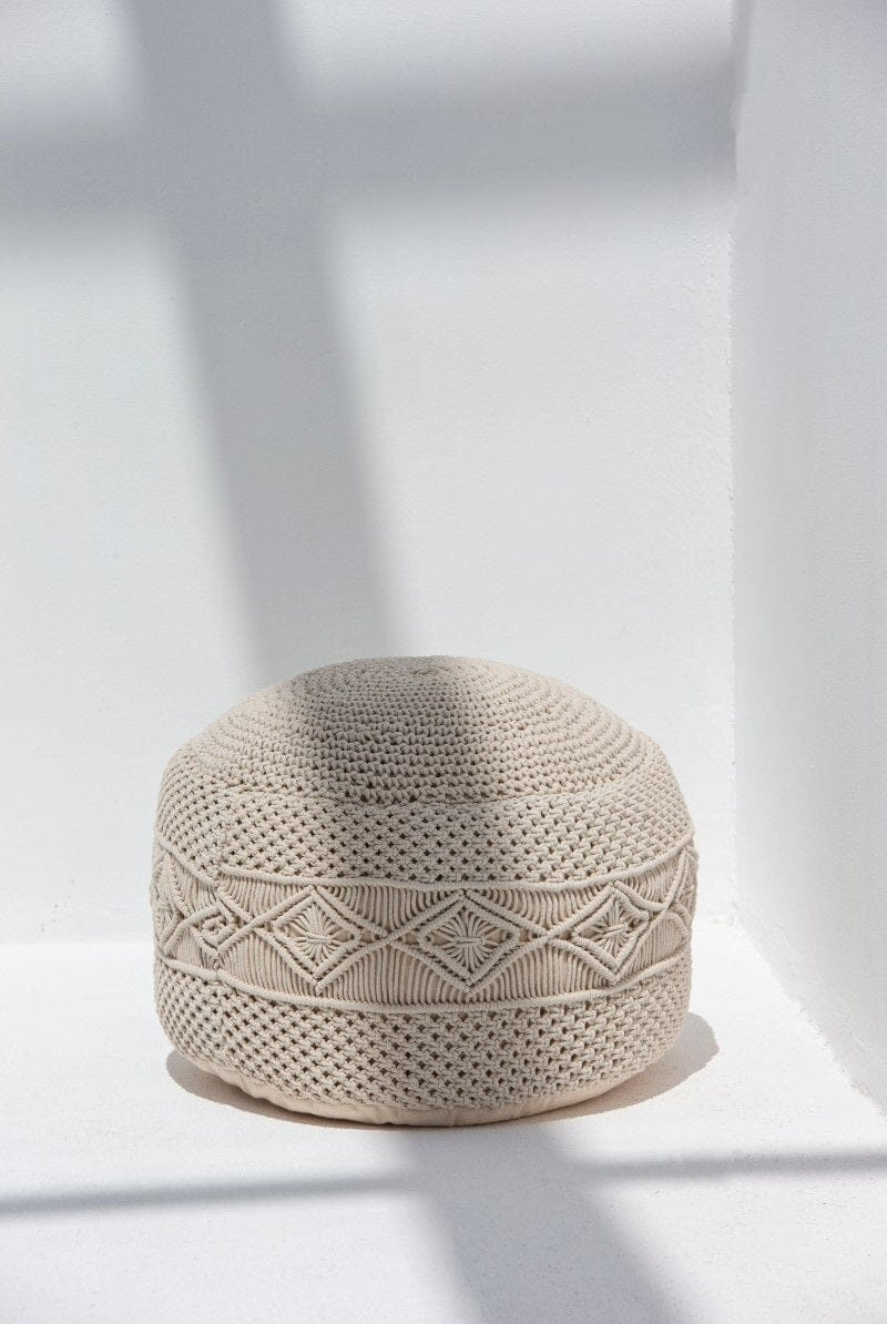Crochet Off White Round Pouf