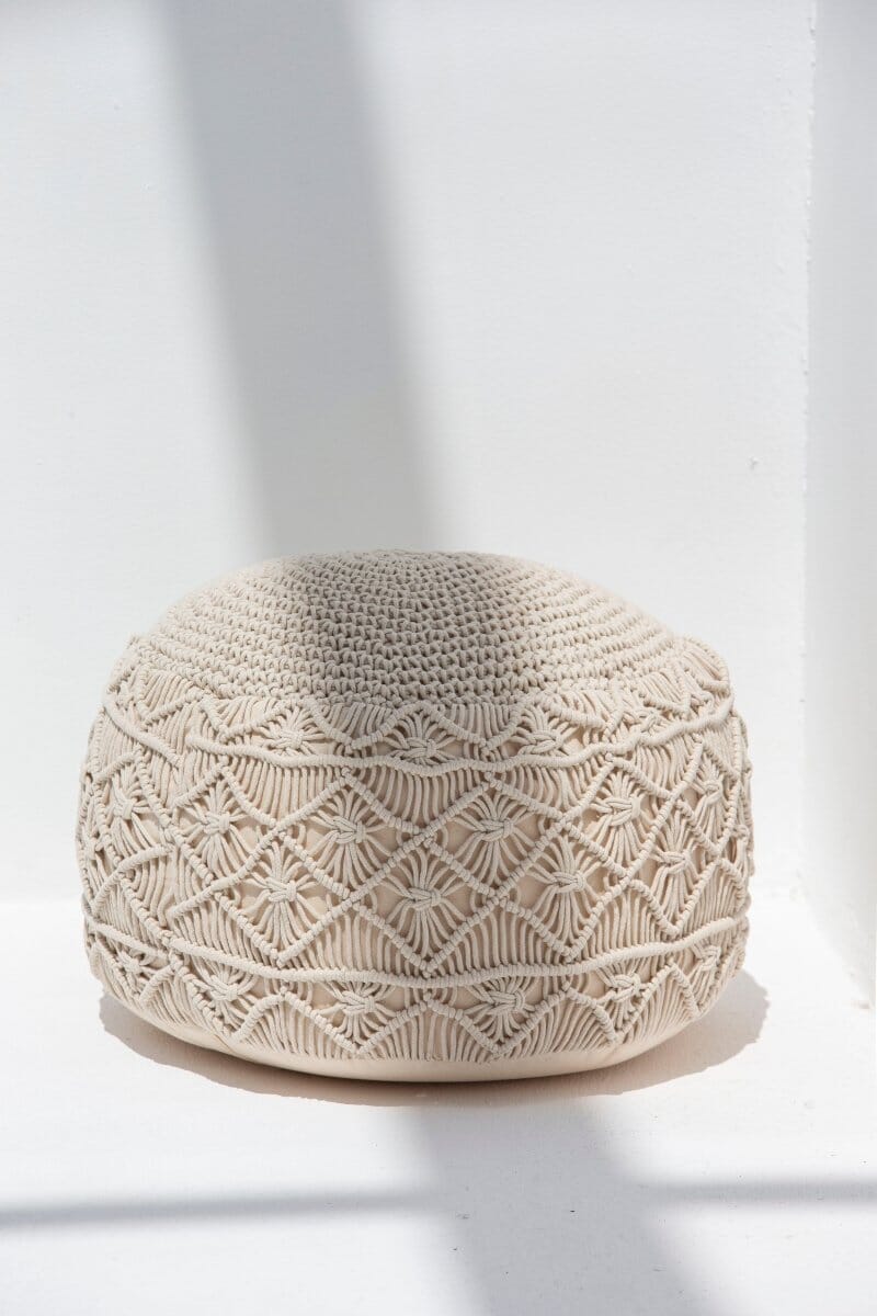 Crochet Off White Round Pouf