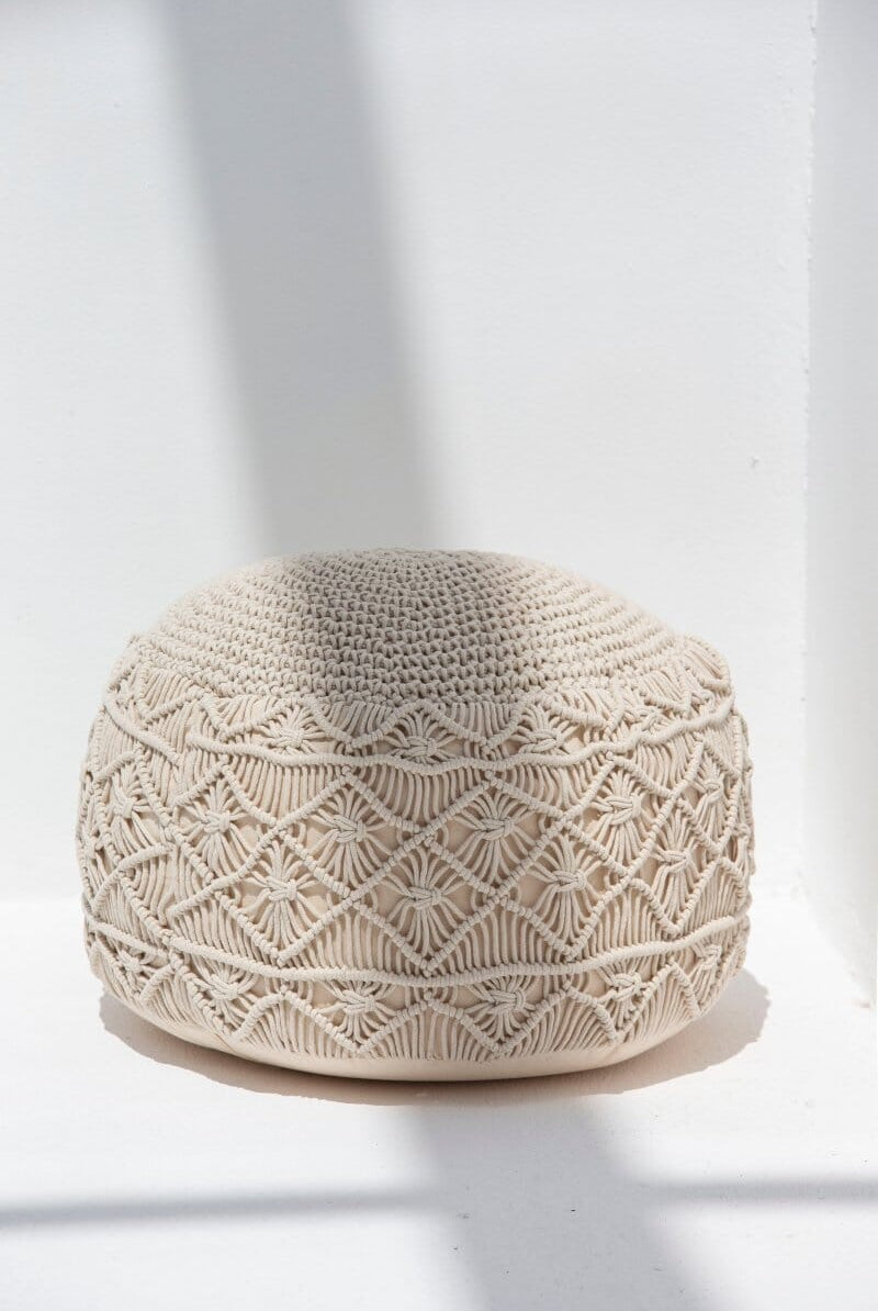 Crochet Off White Round Pouf
