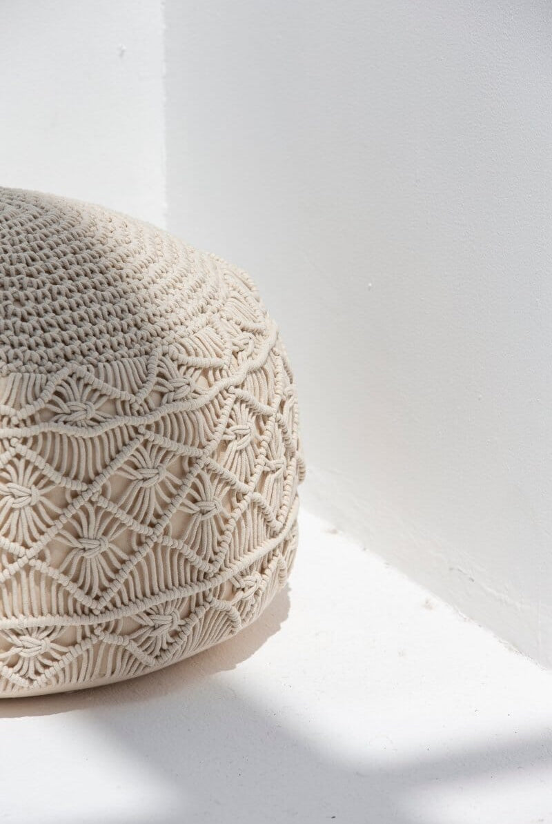 Crochet Off White Round Pouf Homekode