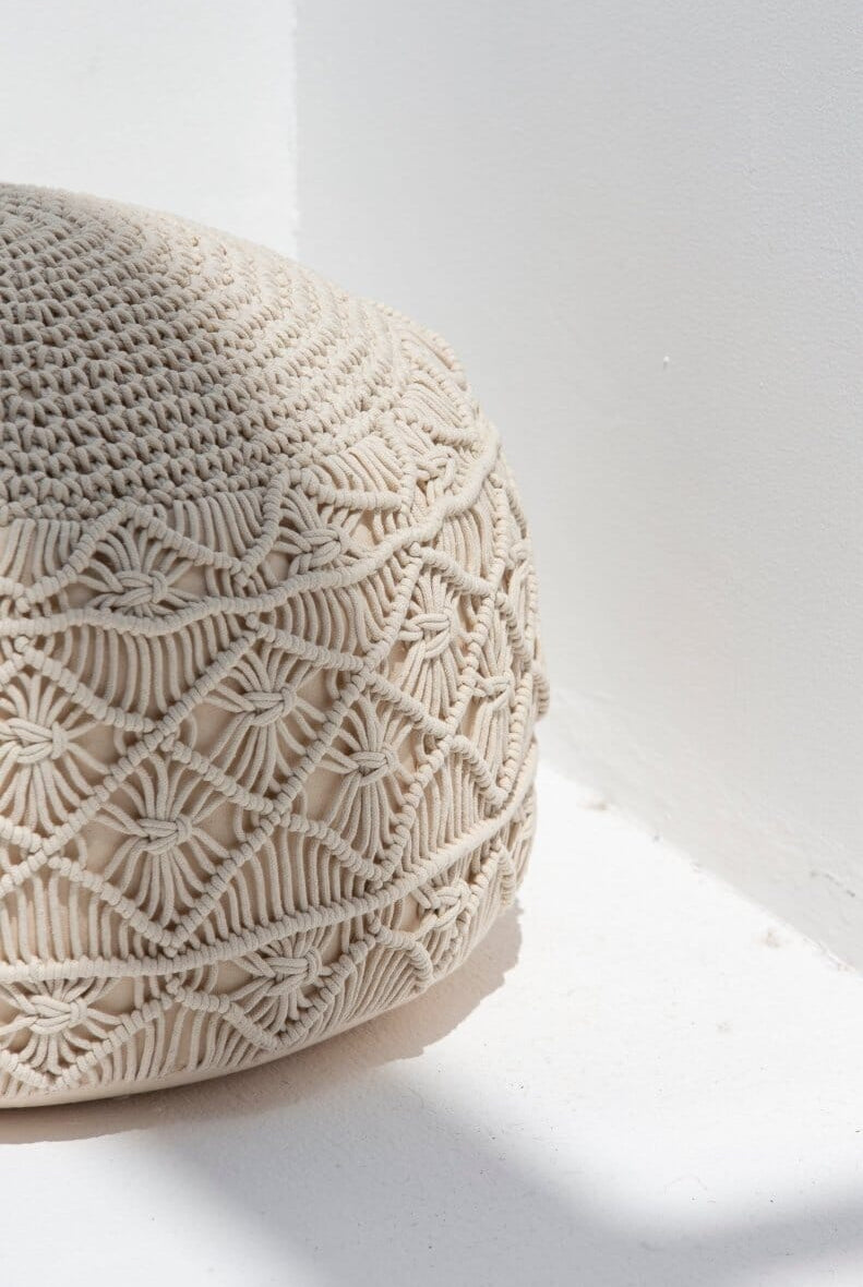 Crochet Off White Round Pouf Homekode
