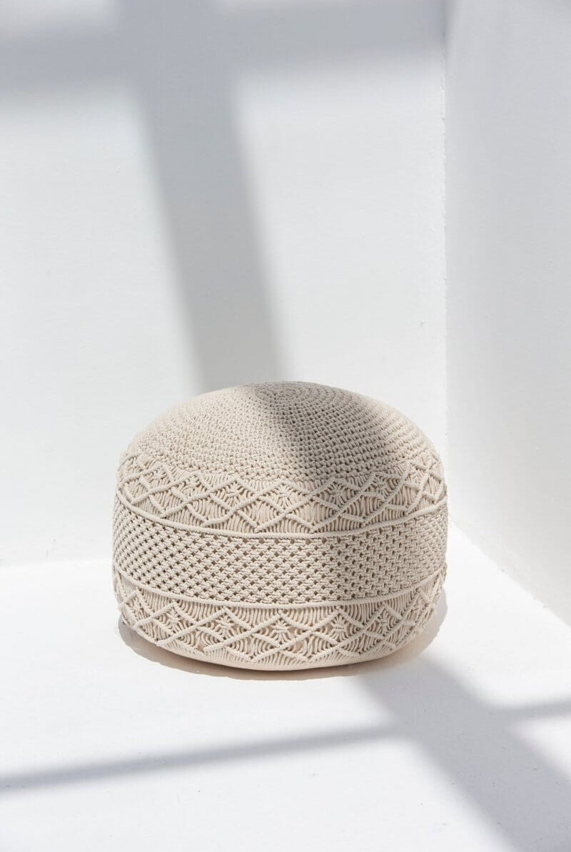 Crochet Off White Round Pouf