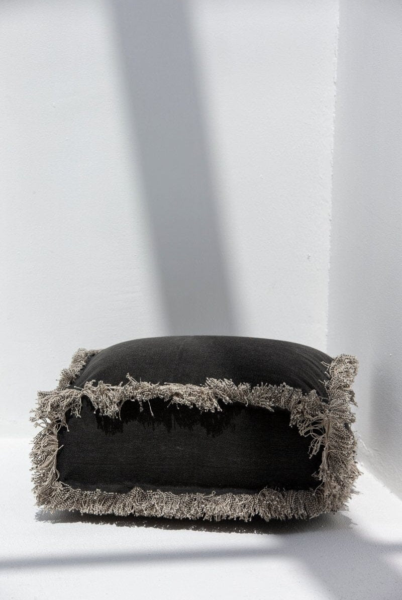 Black Fringes Cotton Printed Pouf (50x50x15 CM)