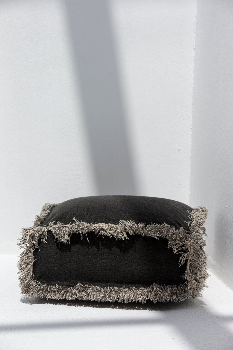 Black Fringes Cotton Printed Pouf (50x50x15 CM)