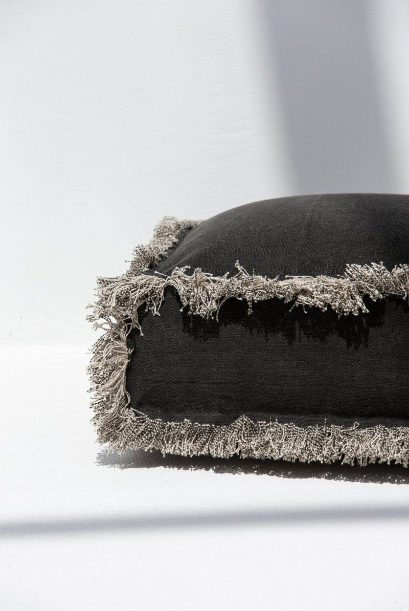 Black Fringes Cotton Printed Pouf (50x50x15 CM) POUF