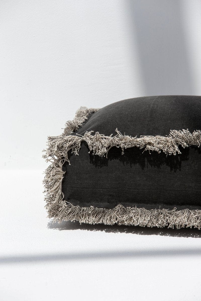 Black Fringes Cotton Printed Pouf (50x50x15 CM) POUF