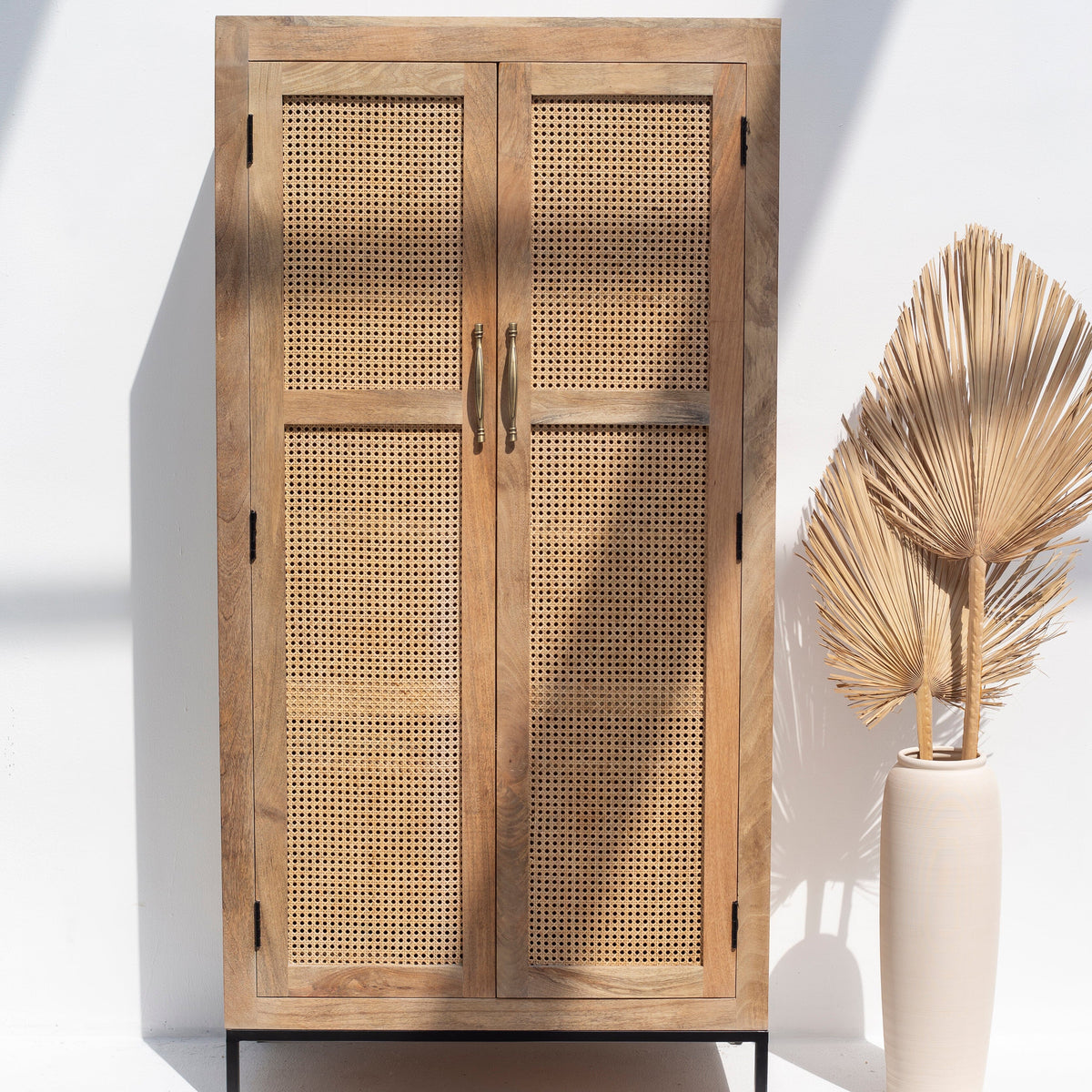 Rattan Wooden Closet – Cane Panel Wardrobe with Hanging Storage Inside ...