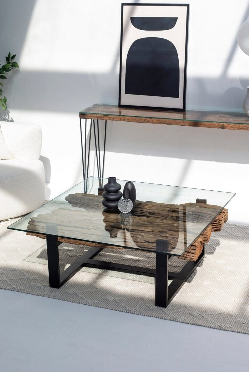 Railway Wood with Glass Top Coffee Table