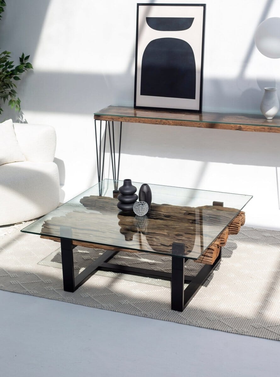 Railway Wood with Glass Top Coffee Table