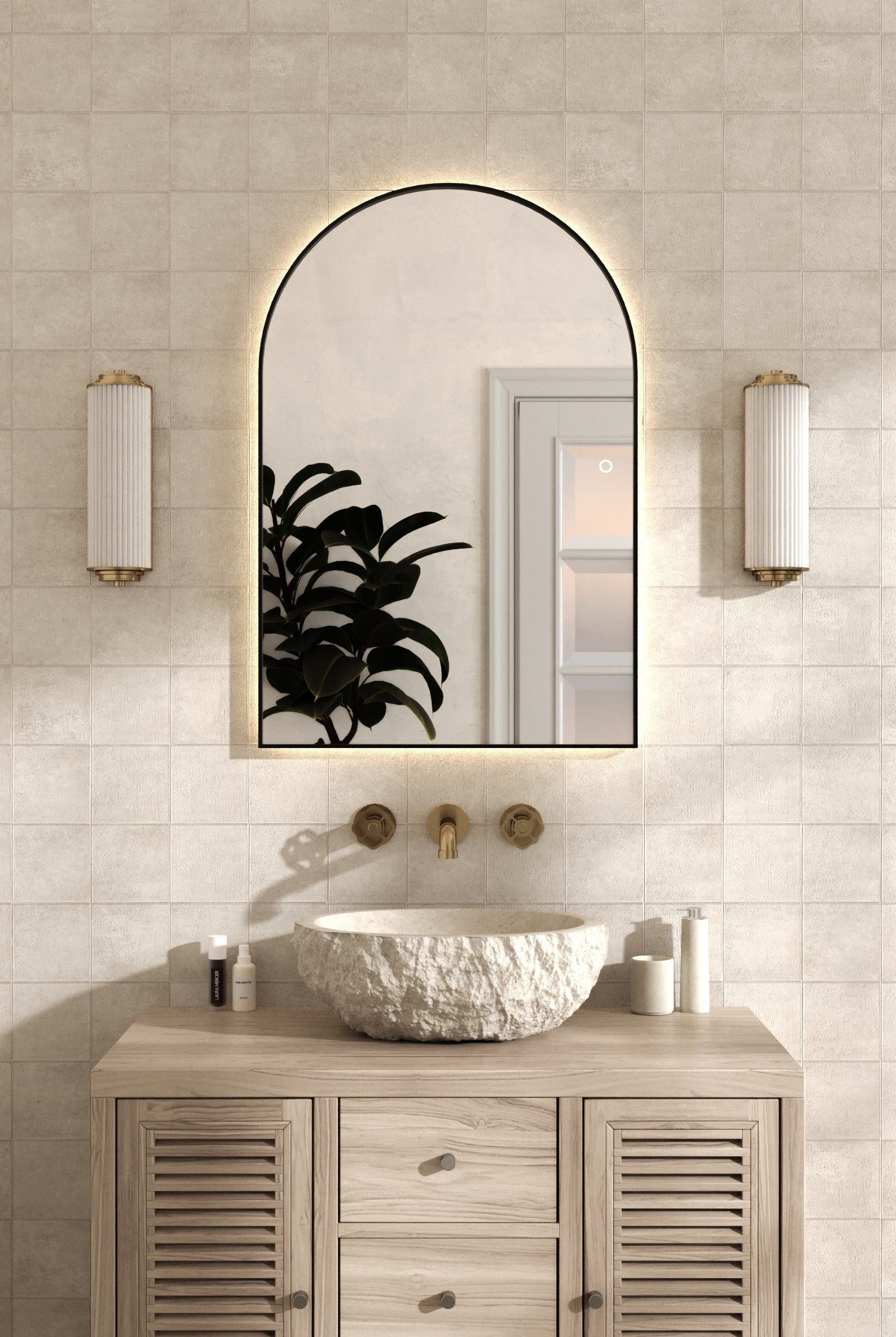 Black Frame Backlit Arch Bathroom & Vanity Mirror (90x60CM)