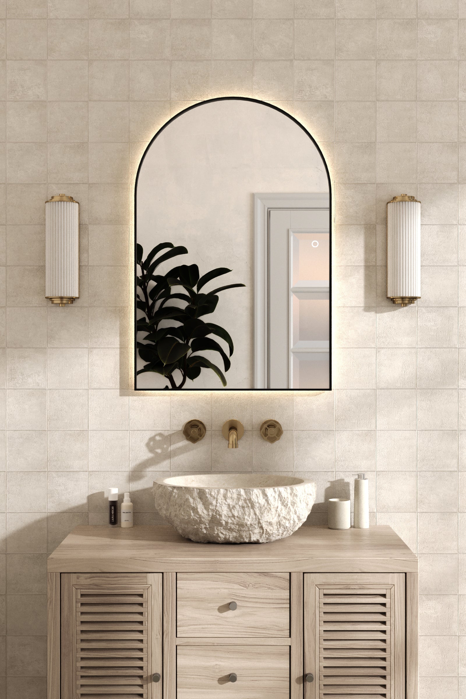 Black Frame Backlit Arch Bathroom & Vanity Mirror (90x60CM)