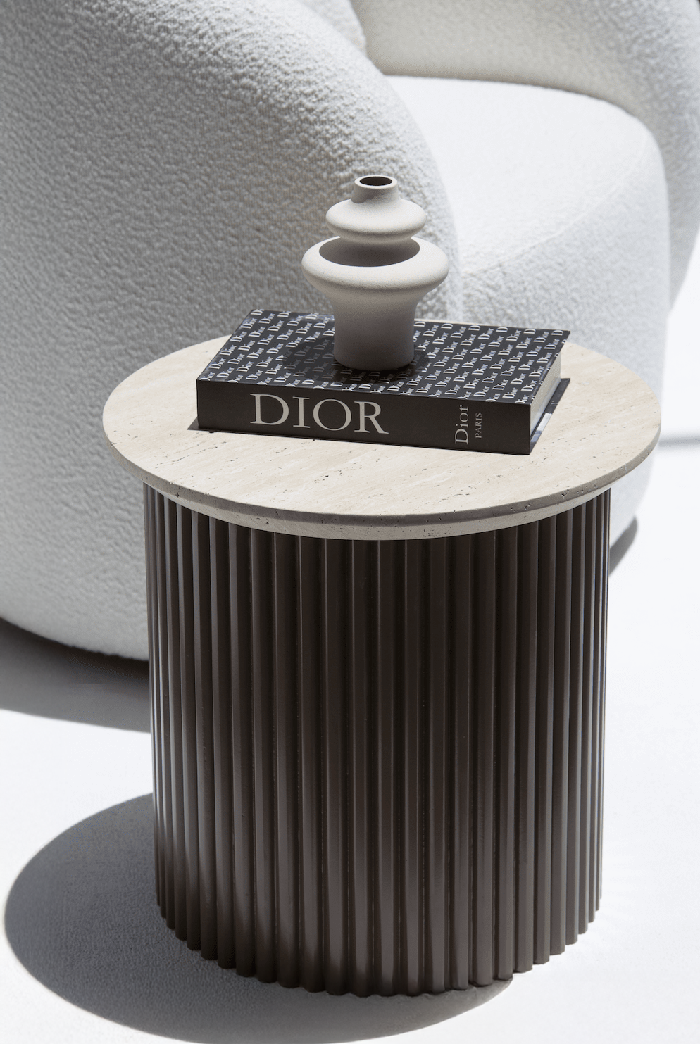 Lauren Beige Travertine Side Table with Brown Base