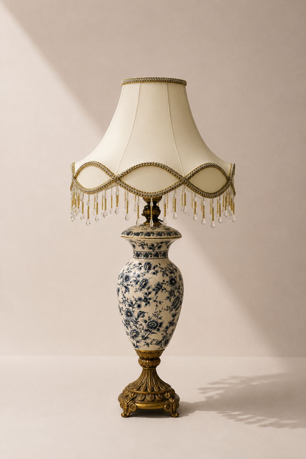 Lazvio Cream Blue Gold Floral Ceramic Table Lamp