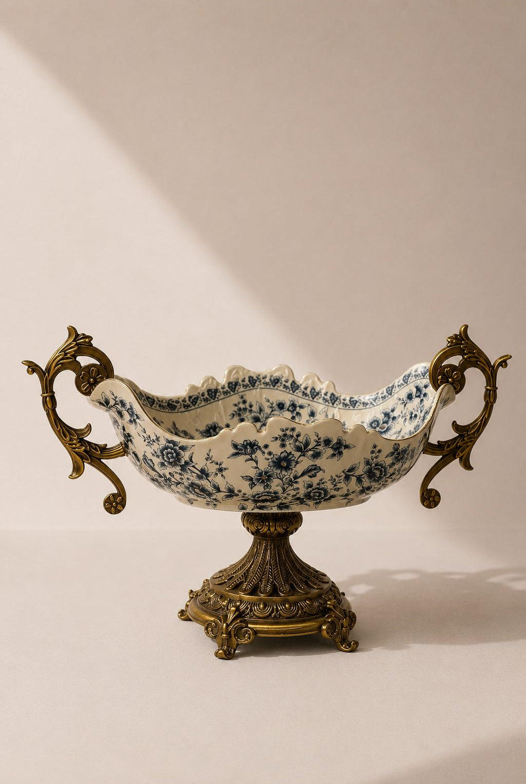Meyron Cream Blue Floral Ceramic Gold Pedestal Bowl