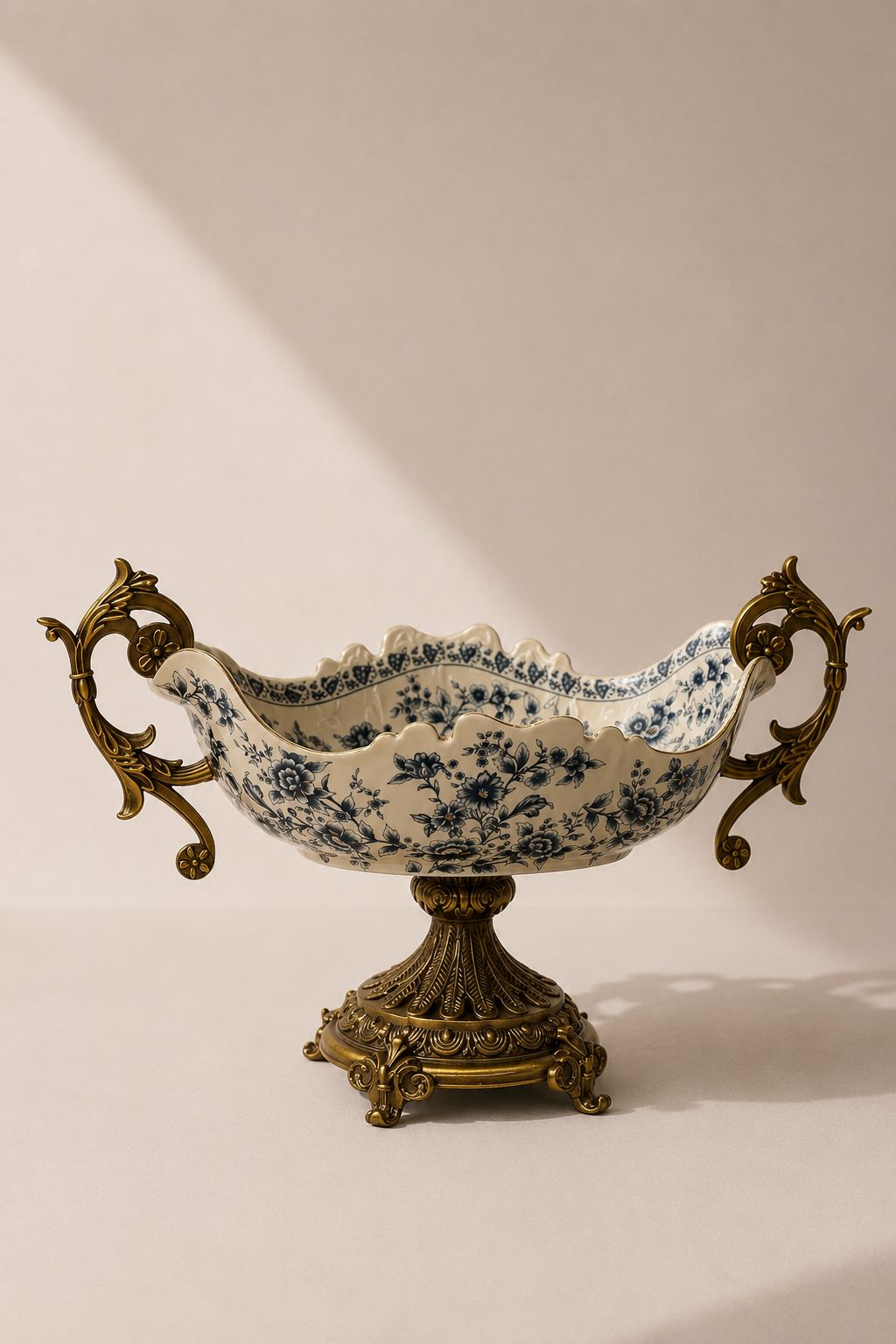 Meyron Cream Blue Floral Ceramic Gold Pedestal Bowl