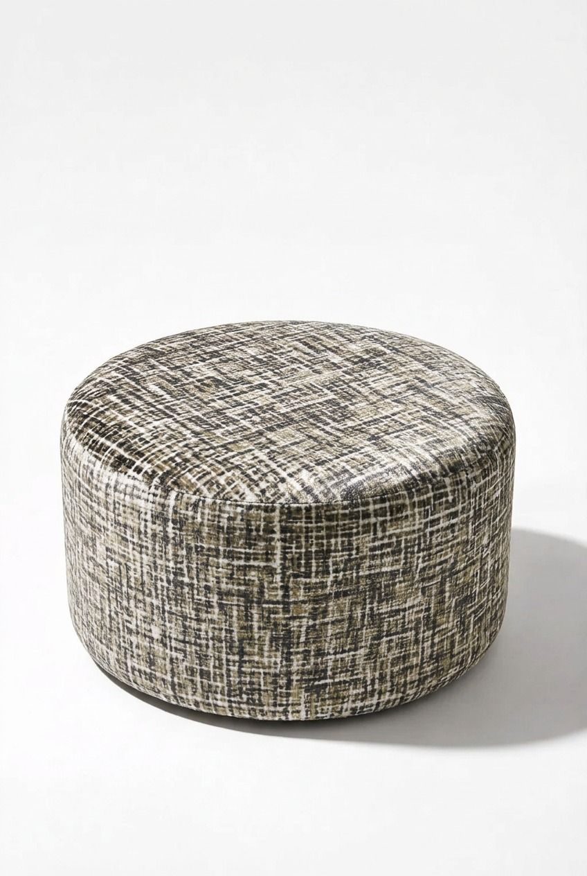 Mira Beige Grid Patterned Round Pouf (60CMx33CM)