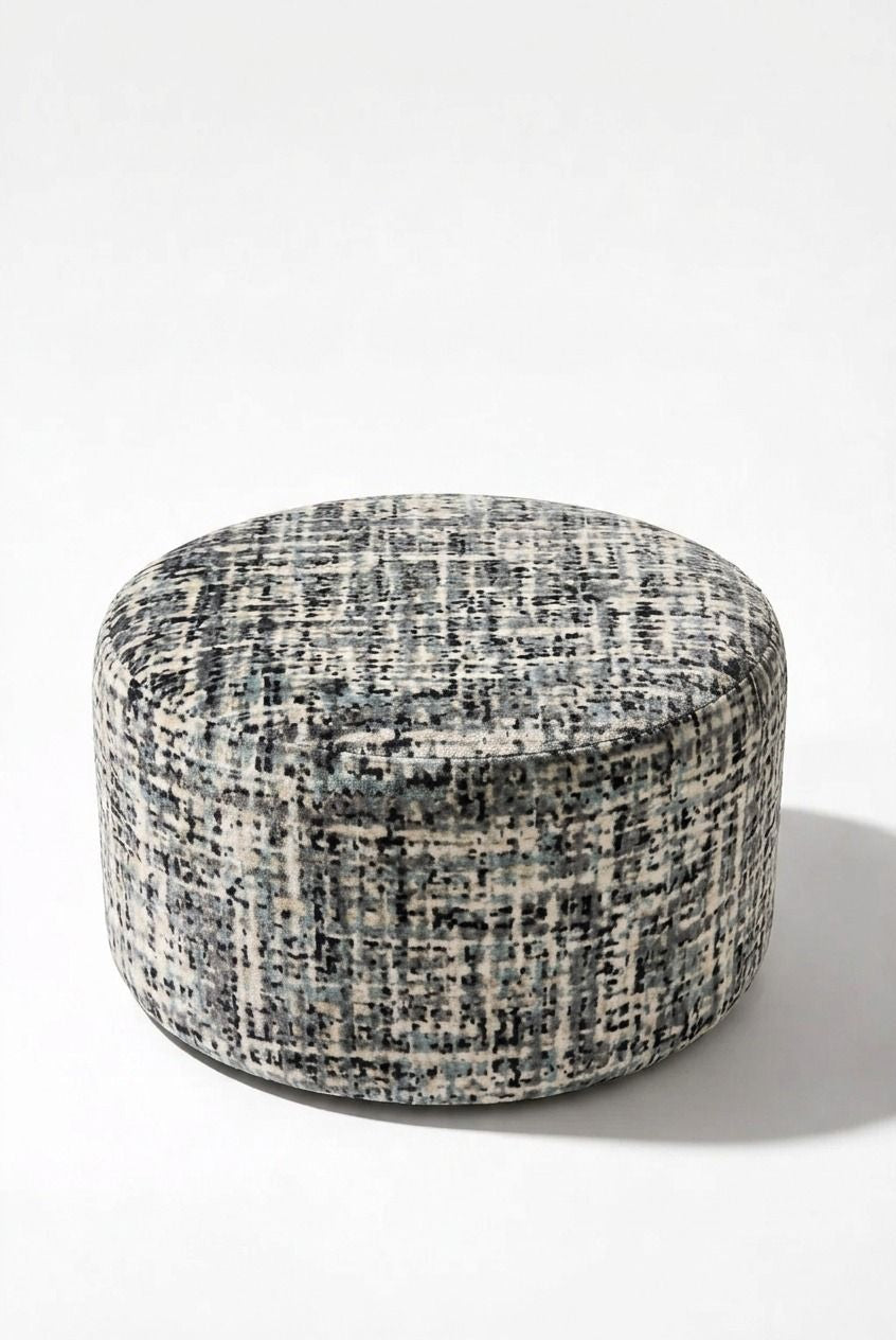 Mira Dusty Teal Grid Round Pouf (60CMx33CM)