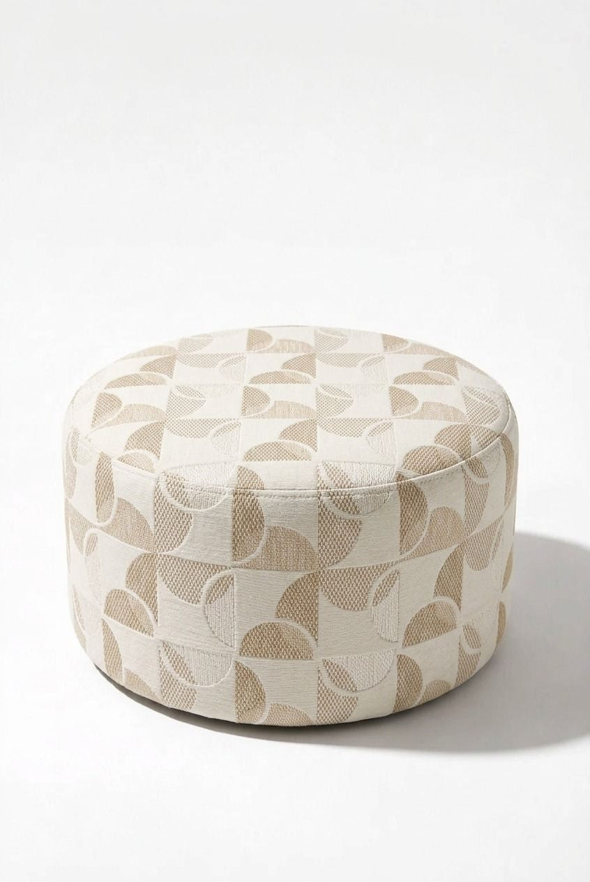 Mira Ivory Tonal mosaic Patterned Round Pouf (60CMx33CM)
