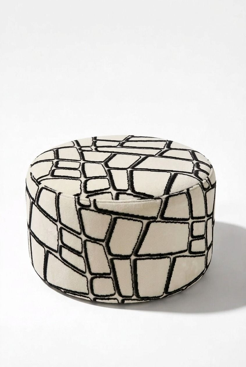 Mira Off White Cobblestone Patterned Round Pouf (60CMx33CM)