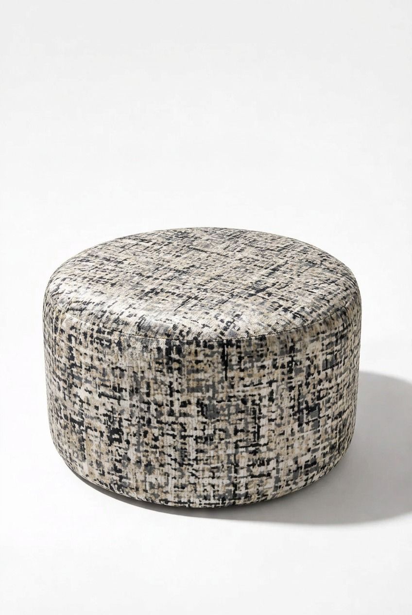 Mira Taupe Grid Patterned Round Pouf (60CMx33CM)