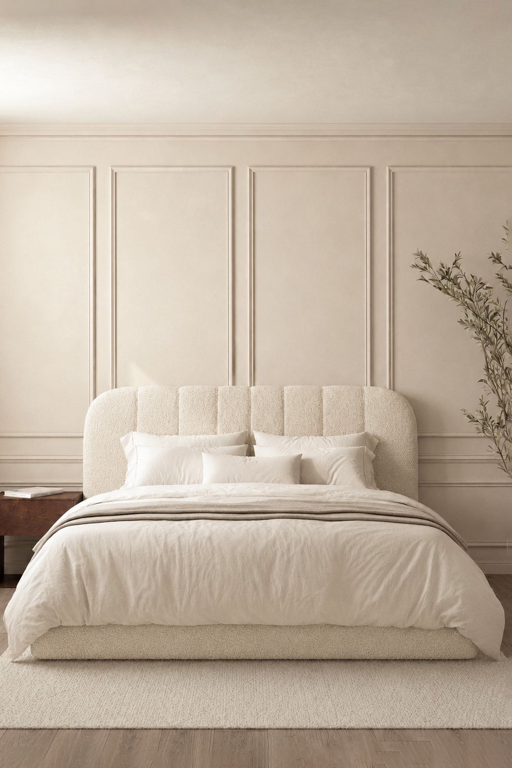 Nolvira Cream Boucle Fabric Bed with Lines Headboard