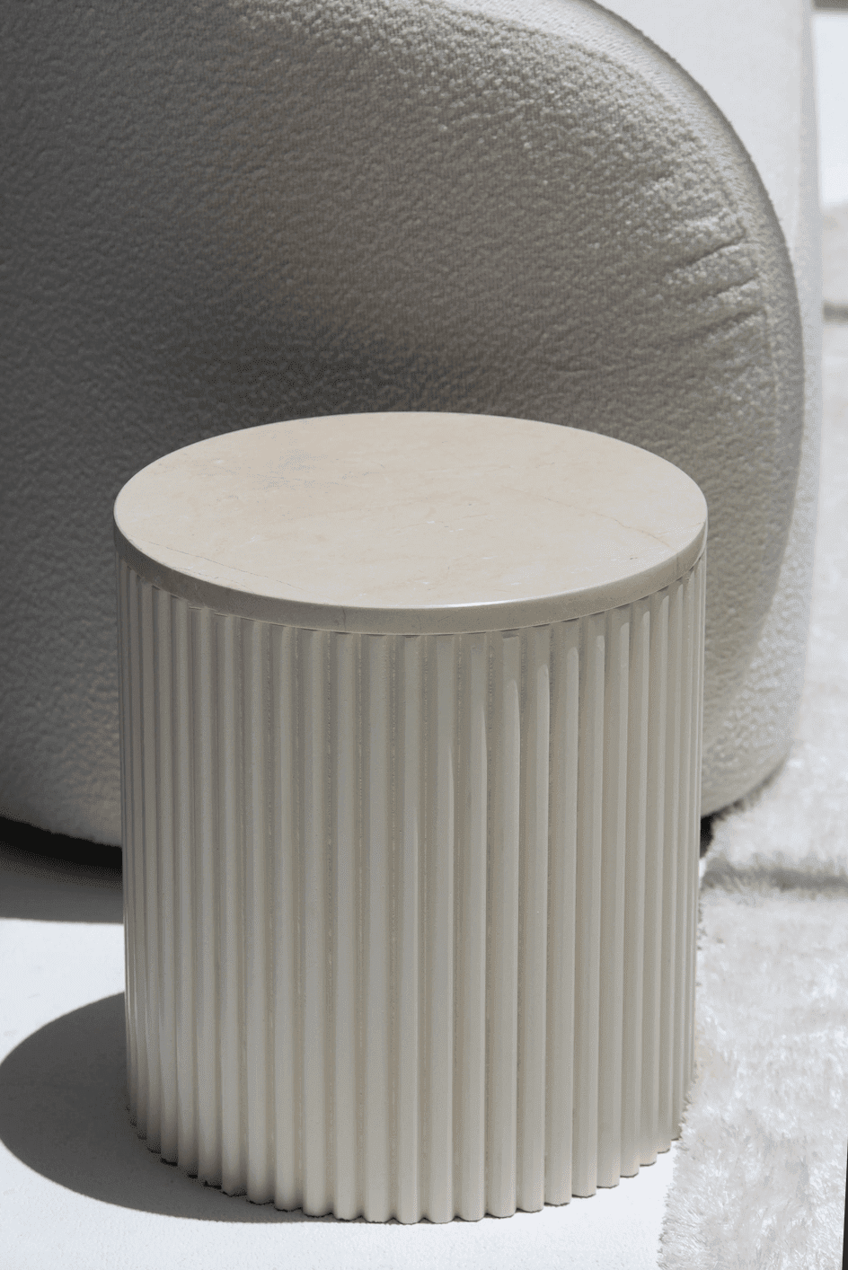 Nora Side Tables With Beige Wooden Base With Crema Marfil Marble Top