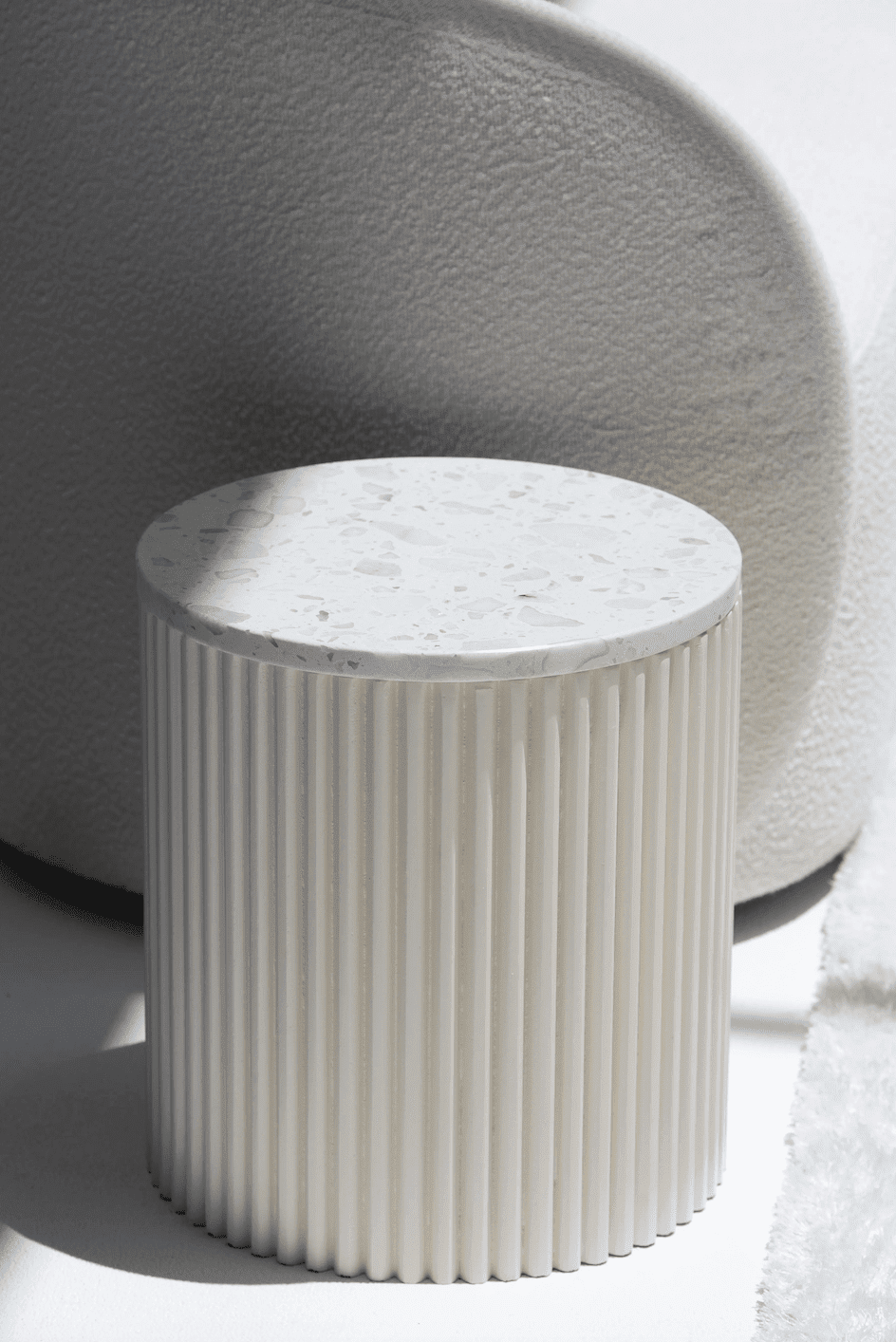 Nora Side Tables With Beige Wooden Base With Terrrazzo Marble Top