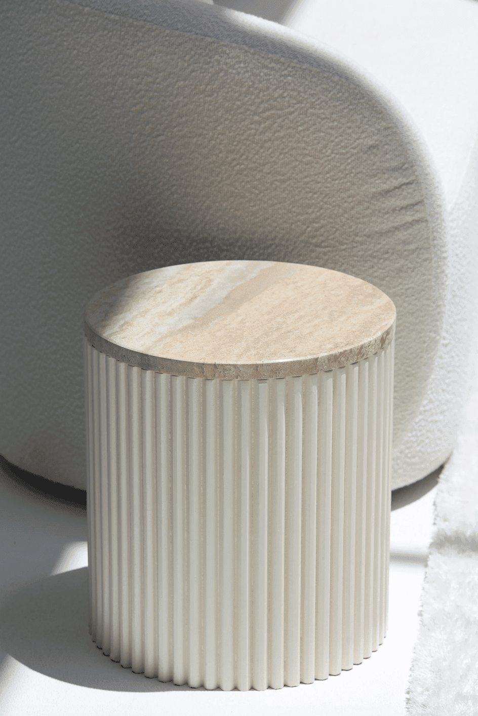 Nora Side Tables With Beige Wooden Base With Silver Travertine Top