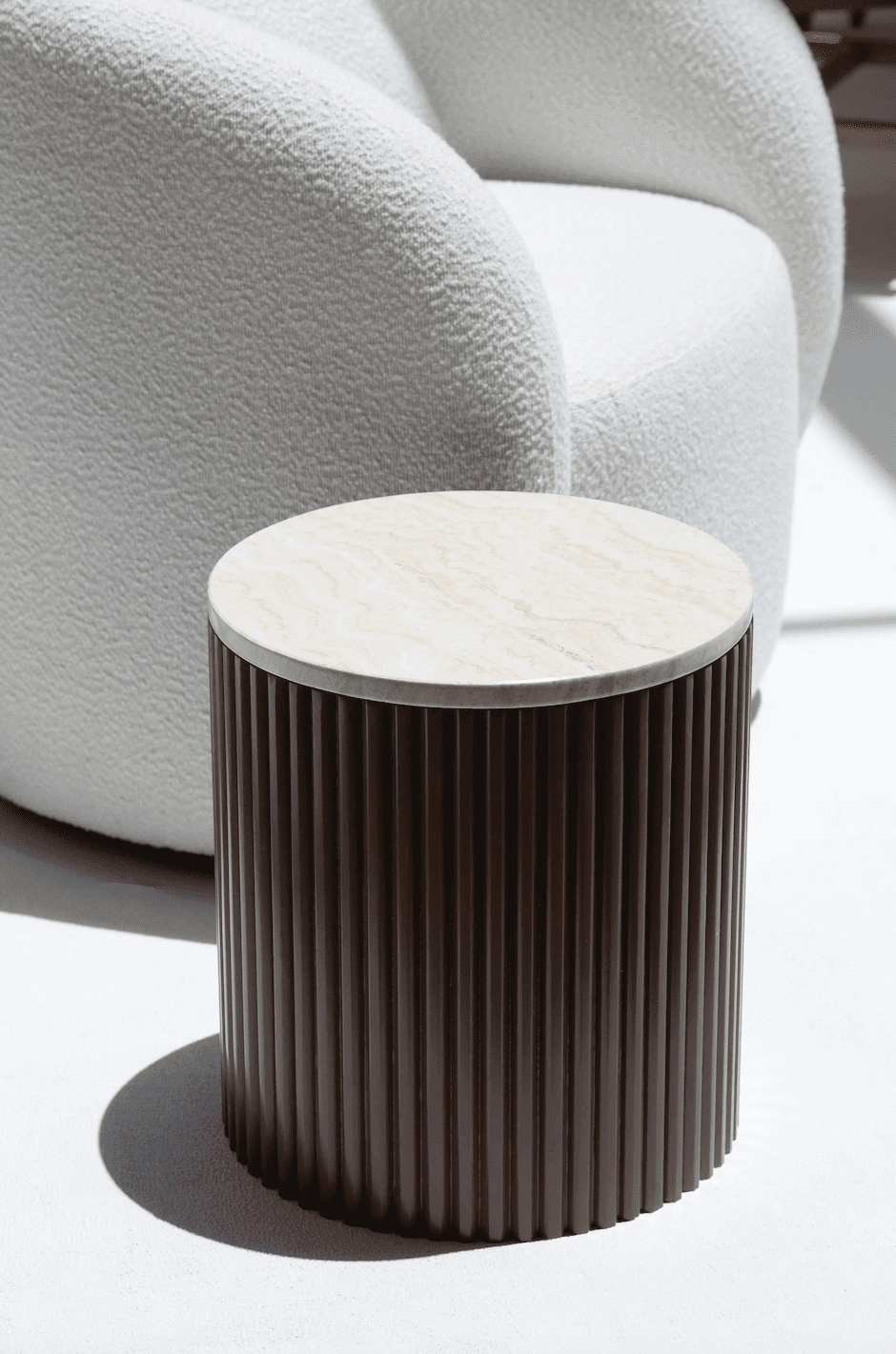 Nora Side Tables With Brown Wooden Base With Beige Travertine Top