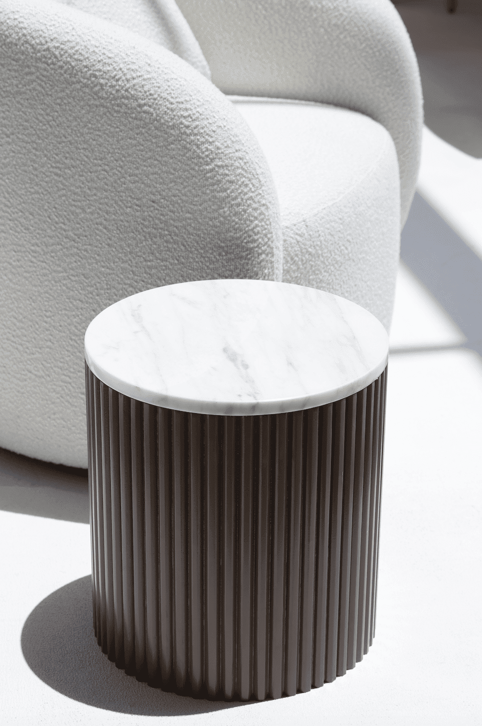 Nora Side Tables With Brown Wooden Base with Calacatta Oro Marble