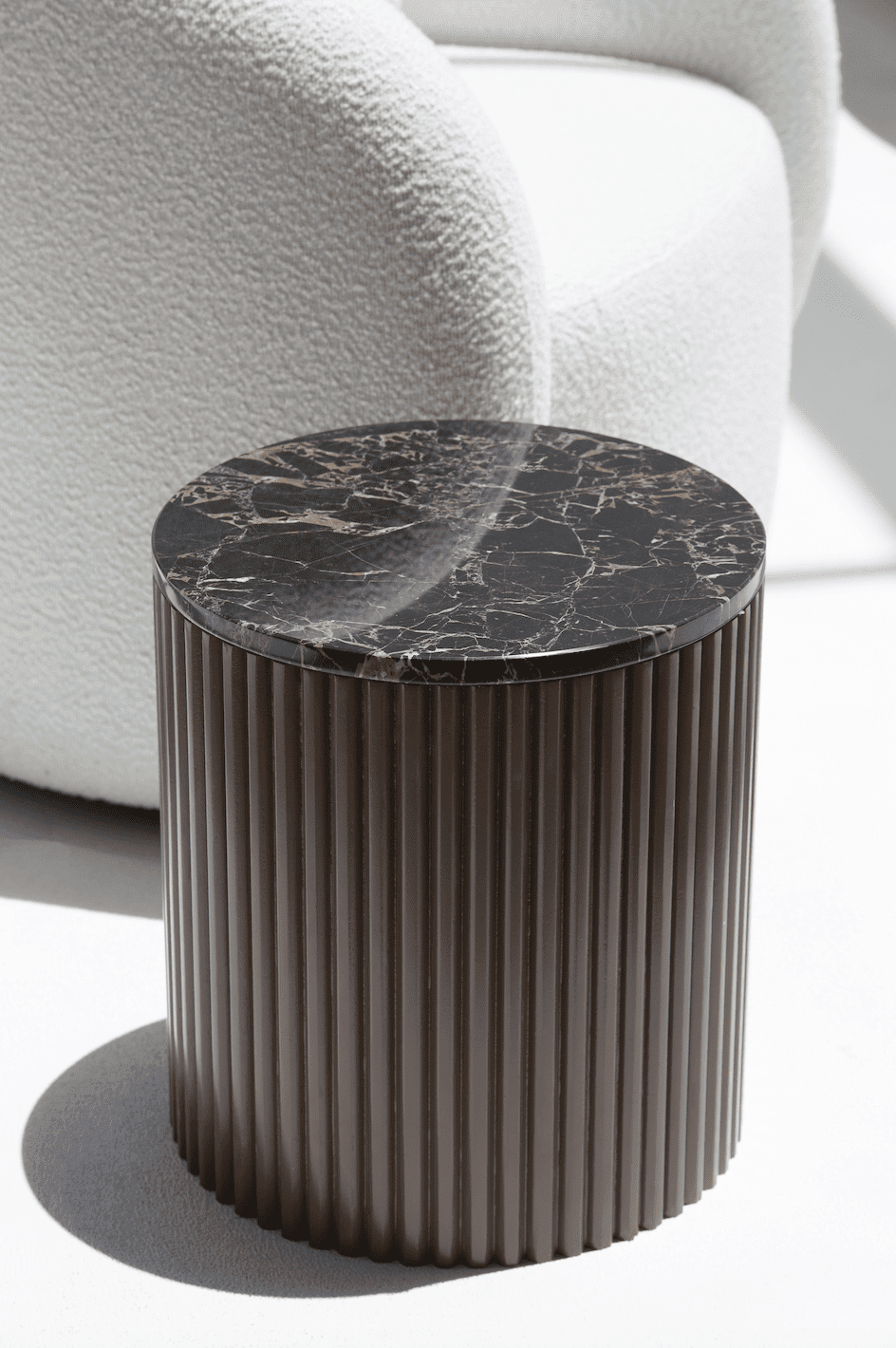 Nora Side Tables with Brown Wooden Base with Black Portoro Marble