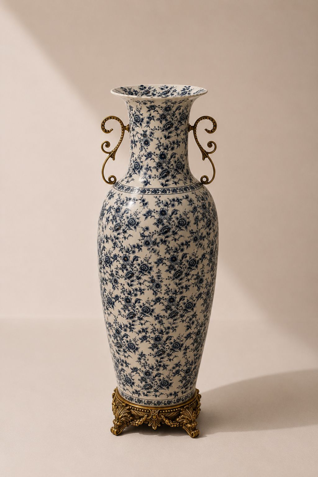 Orniva Cream Blue Floral Gold Handle Ceramic Vase