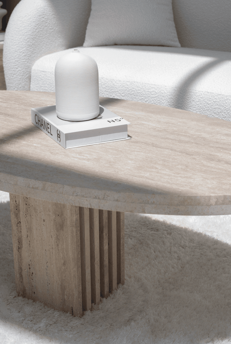 Melina Oval Travertine Coffee Table With Travertine Slat Base