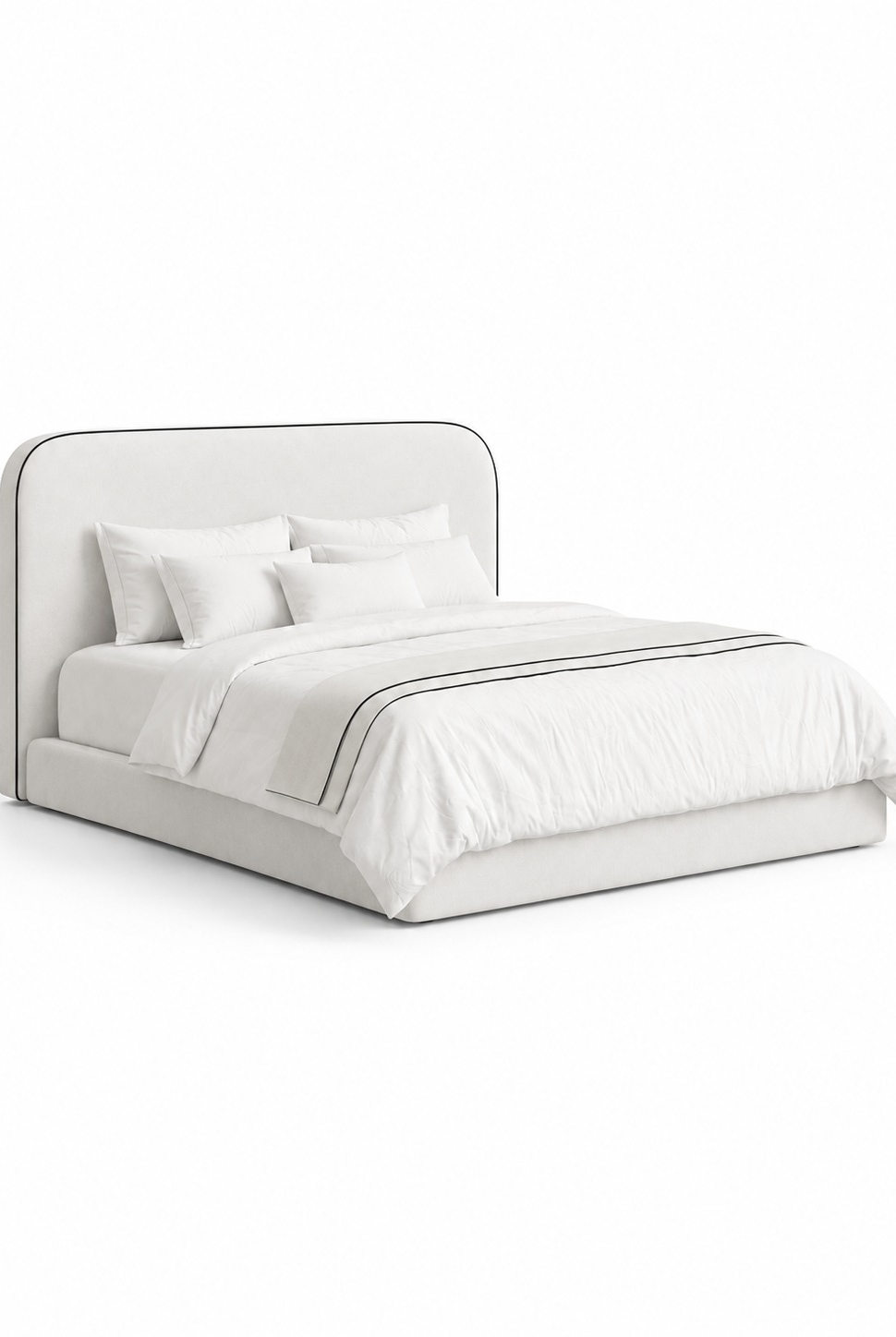 Saevor Stone Ivory Fabric Bed with Black Piping Rounded Corners Headboard