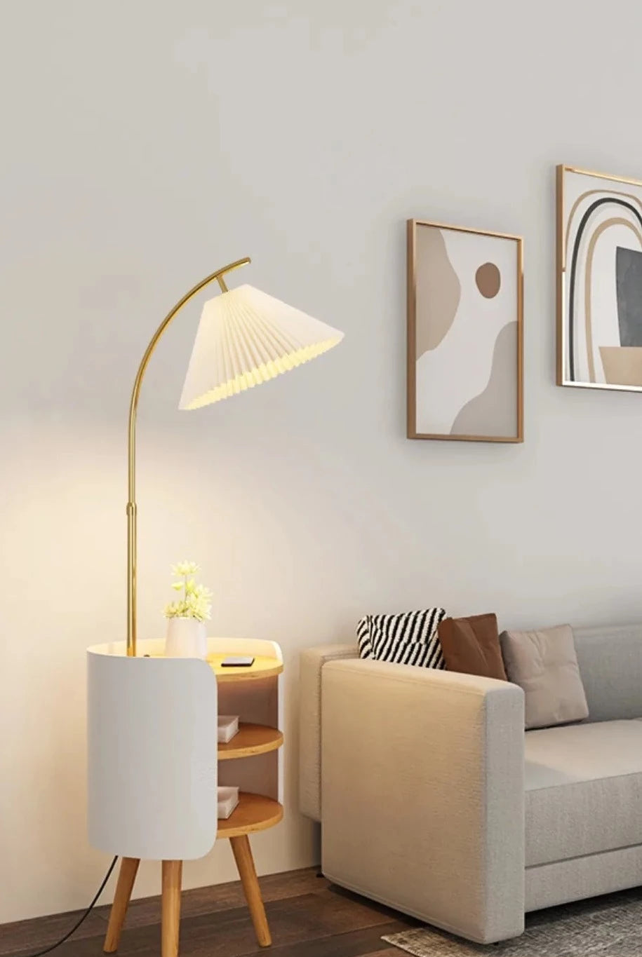 Wood, White, and Gold Floor Lamp With Shelve