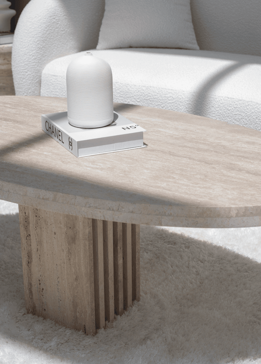 Melina Oval Travertine Coffee Table With Travertine Slat Base