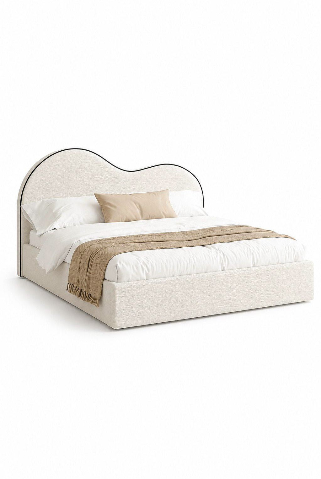 Serenade Cream Boucle Fabric Bed with Black Piping Wavy Headboard